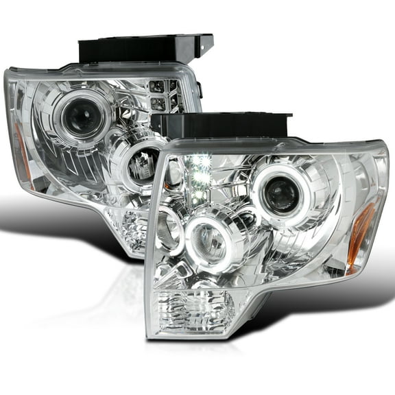 Spec-D Tuning LED Twin Halo Chrome Housing Clear Lens Projector Headlights Compatible with 2009-2014 Ford F-150, Left Right Pair Headlamps Assembly