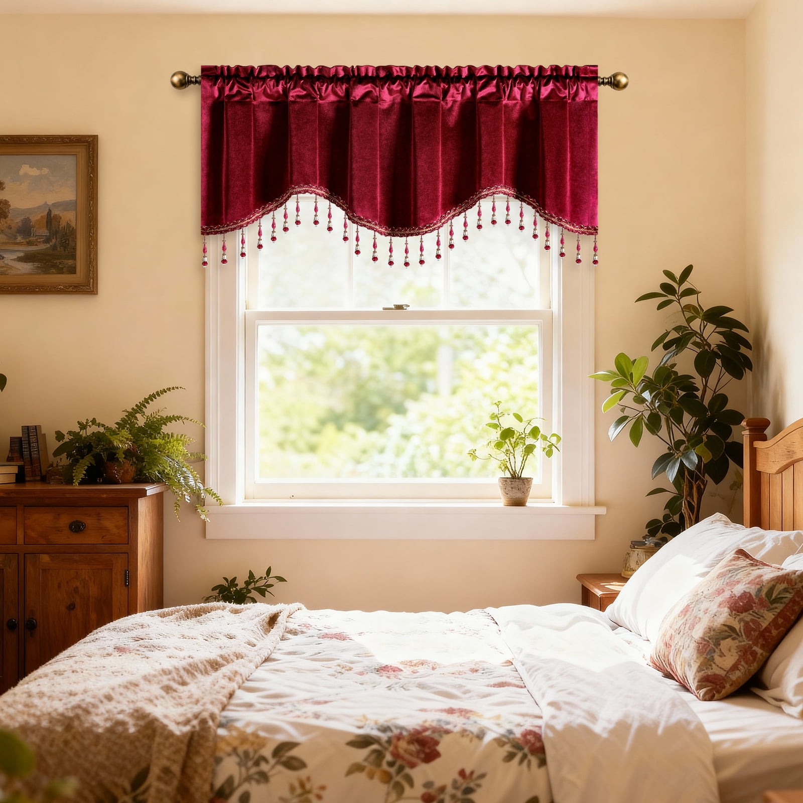 VOGOL Burgundy Velvet Scalloped Window Valance with Beaded Trim, Classic Decorative Curtain Topper for Living Room Bedroom