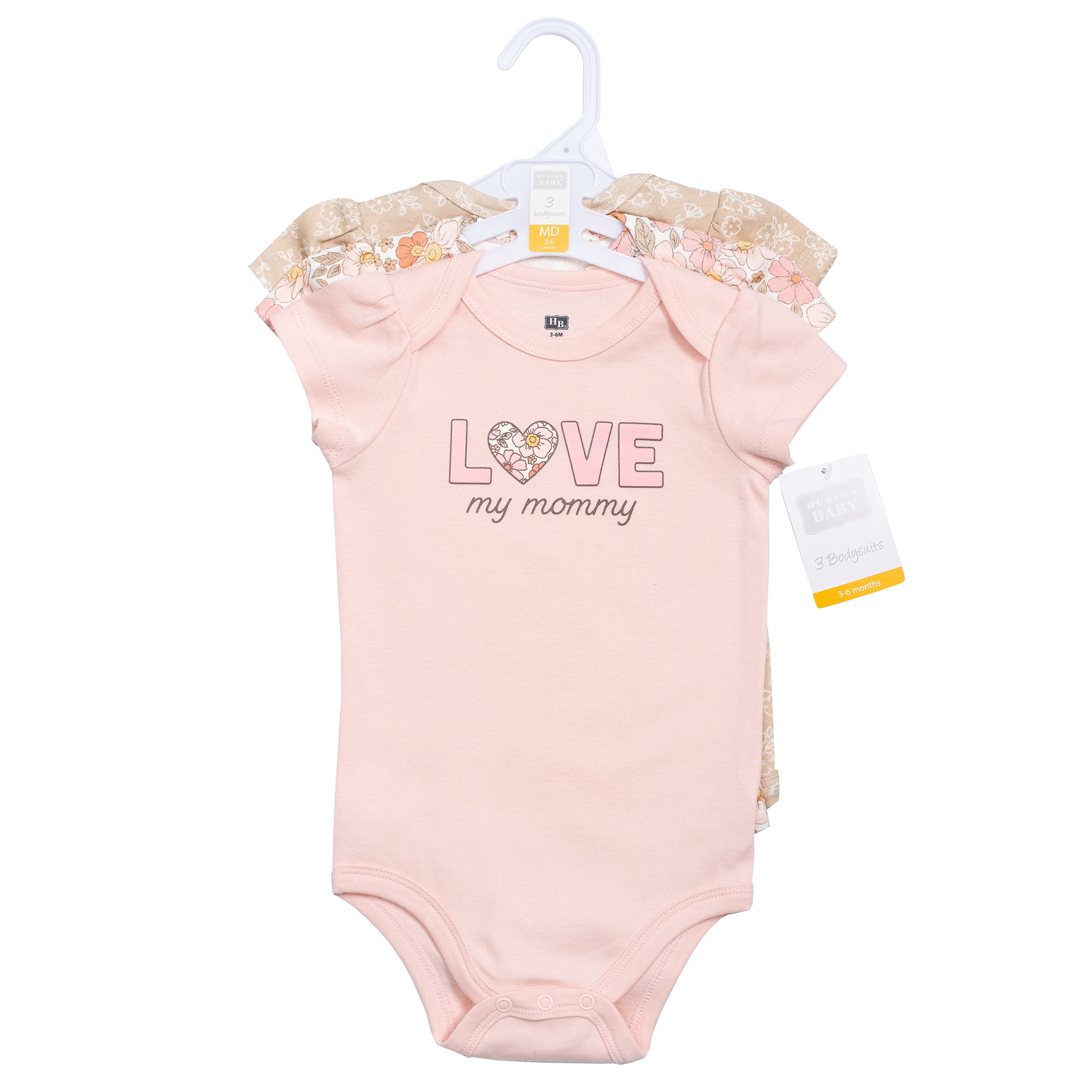 Hudson Baby Girl Cotton Bodysuits 3-Pack, Love Mommy Floral, 3-6 Months