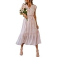 thumbnail image 1 of Vestido de verano floral para mujer, cuello en V, manga corta, cinturón, dobladillo con volantes, línea A, bohemio, maxi vestidos XL, 1 of 4