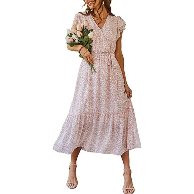 Vestido de verano floral para mujer, cuello en V, manga corta, cinturón, dobladillo con volantes, línea A, bohemio, maxi vestidos XL