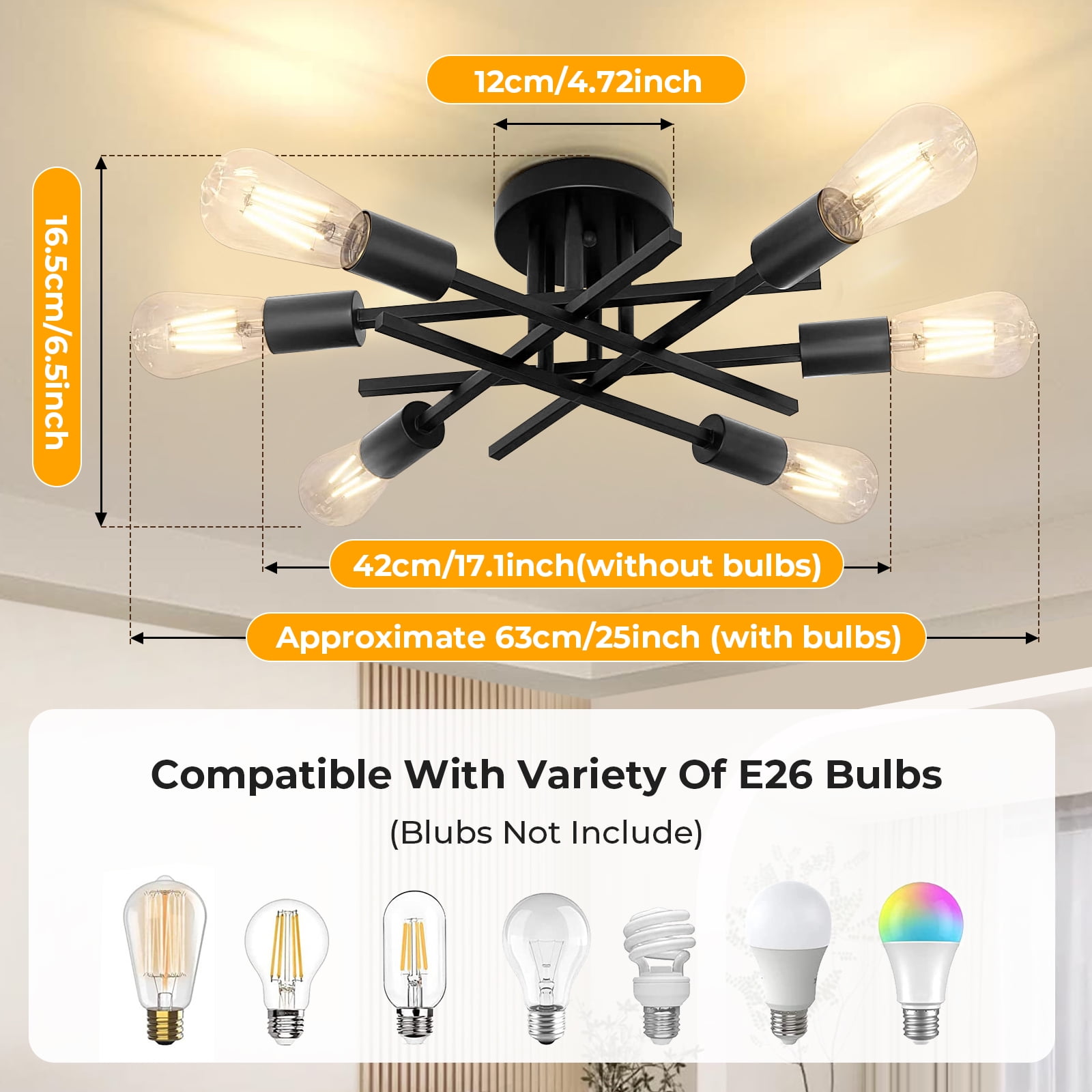 DONGPAI Modern Sputnik Chandelier Ceiling Light Fixtures, 6-Lights Industrial Dining Room Light Fixture Semi Flush Mount Ceiling Light for Kitchen Bathroom Living Room Bedroom Hallway
