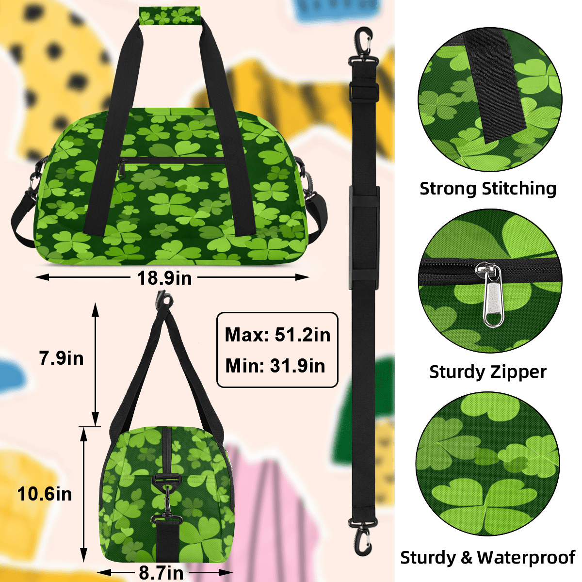 Herdesigns Green Clover Shamrock Sports Duffle Bag for Women & Men, St. Patrick's Day Gym Bag Dance Bag Overnight Bag Carry On Weekender Travel Bag
