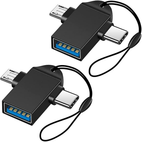 2-in-1 Micro Usb/usb-c To Usb 3.0 Adapter With Wrist Strap (2-pack), Usb C To Usb Adapter, Micro To Usb Otg Adapter Converter, Black