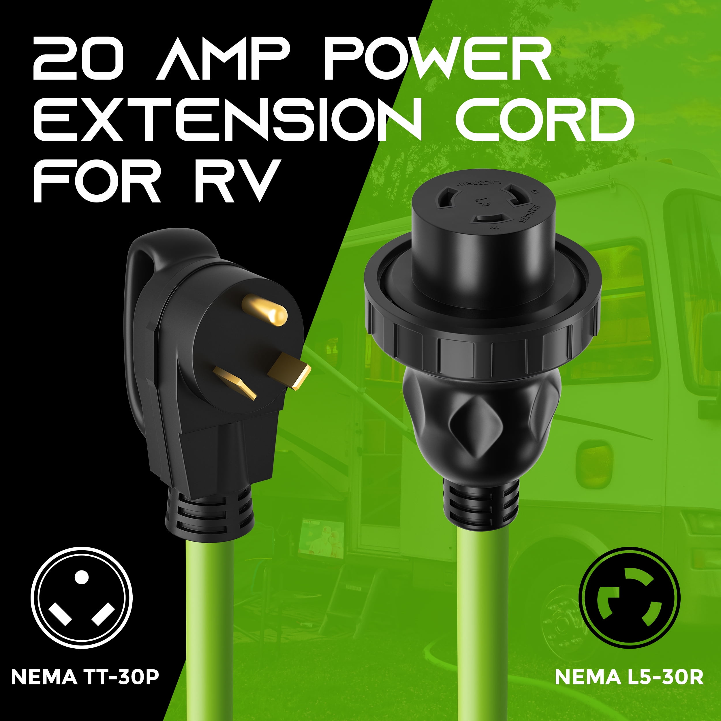 GearIT 20-Amp RV Power Extension Cord (50 Feet) 3-Prong NEMA TT-30P to L5-30R - Twist Locking Adapter, 125-Volt 10/3 STW 10AWG Gauge 3C, RV Trailer Campers, ETL Listed