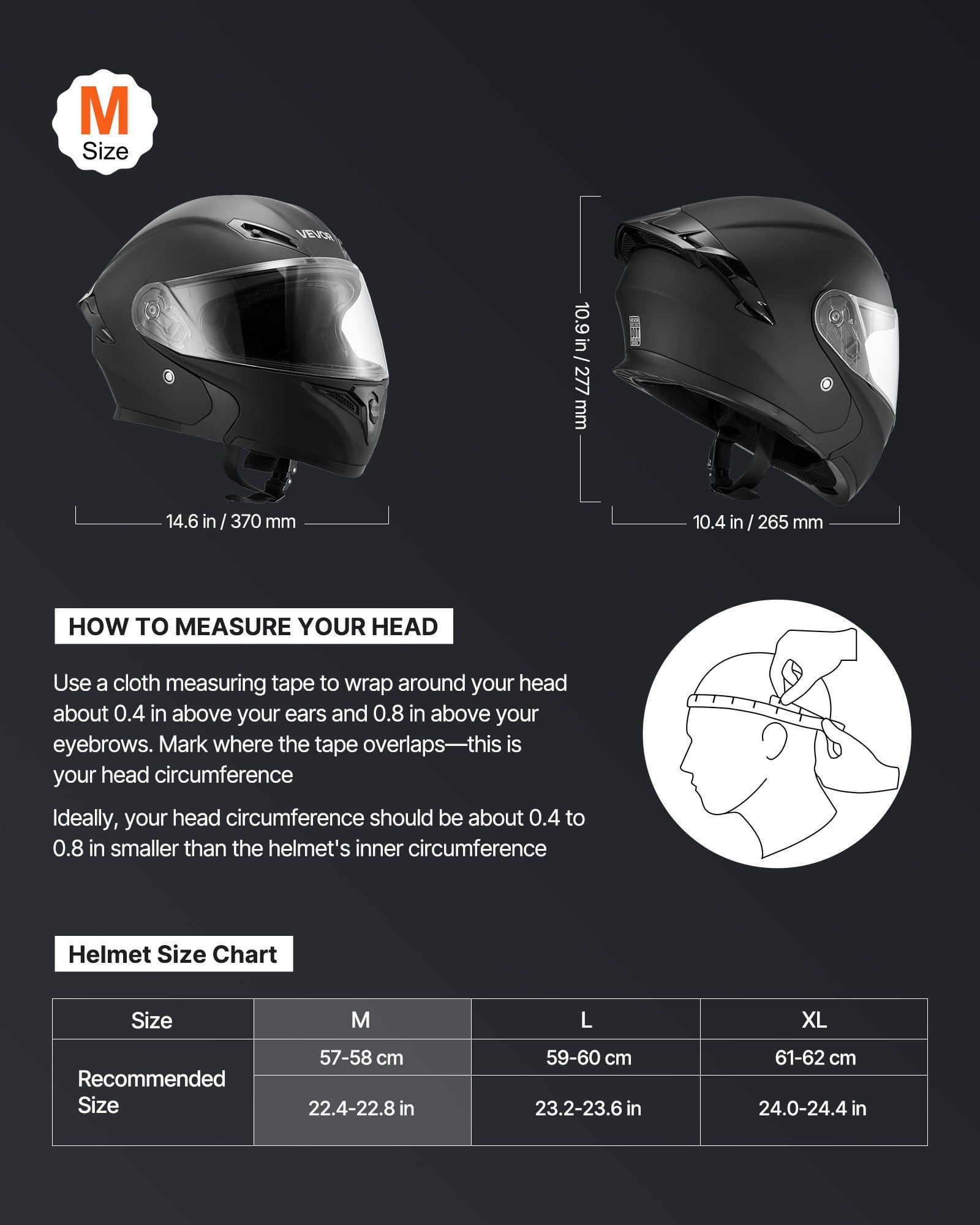 Modular Motorcycle Helmet for Adults with Large Clear Visor Detachable Liner DOT Approved Matte Black Size M