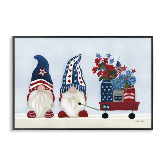 Stupell Industries American Gnome & Wagon Patriotic Painting Black Framed Art Print Wall Art, 18 x 12