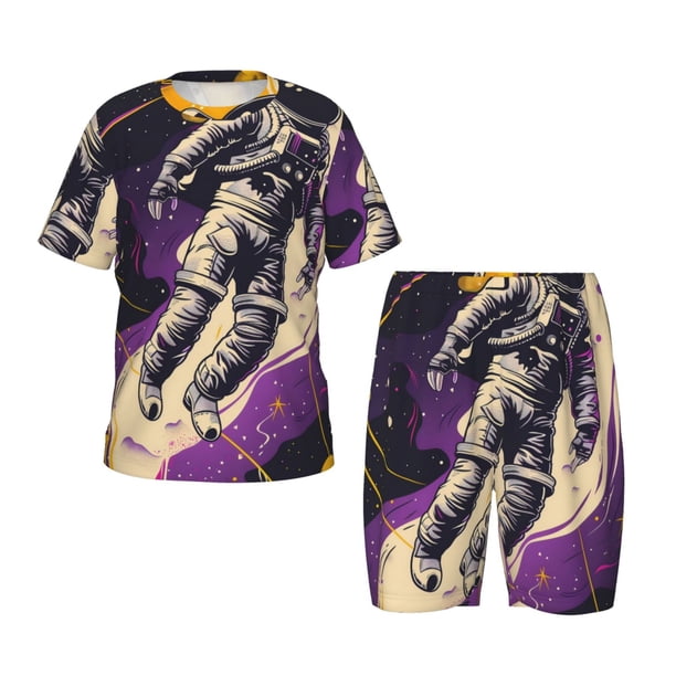 Fotbe Astronaut Floating purple Space Pijama Estampada de 2 Piezas para Niños – Ropa de Dormir de Manga Corta Cómoda para Niños y Niñas, Camiseta y Shorts de Algodón-Medium