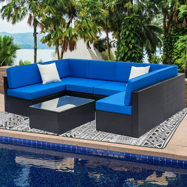 7 Piece Rattan Patio Furniture Sofa Set, Black Wicker Outdoor Furniture Sets