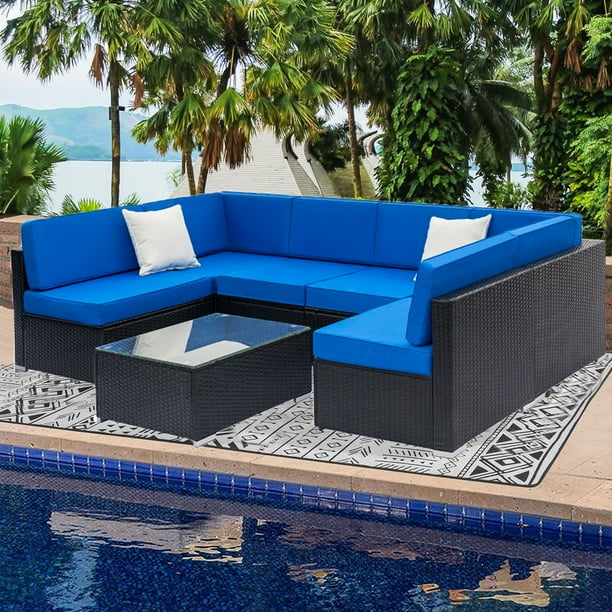 7 Piece Rattan Patio Furniture Sofa Set All Weather Black Wicker Conversation With Coffee Table And Blue Cushions Outdoor Sectional For Backyard Garden Deck Poolside W2211 Com 7 Piece Rattan Patio Furniture Sofa Set, Black Wicker Outdoor Furniture Sets