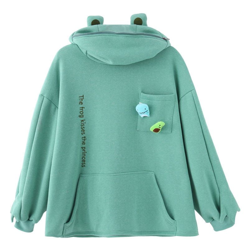 Women Novelty Frog Hoodie Long Sleeve Cute Tops Zipper Mouth Sweatshirt