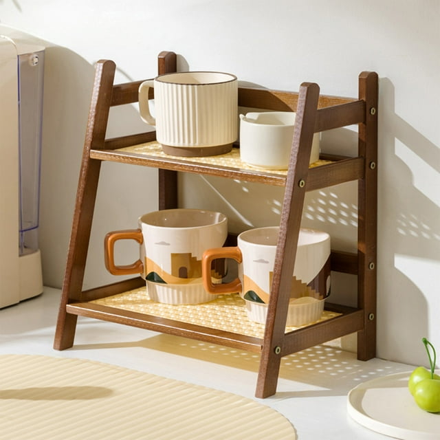 Coffee Bar Organizer, Wooden Countertop Mug Rack, Double Layer Kitchen Shelf For Tea Coffee Accessories Condiment Storage, Brown
