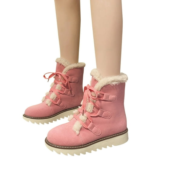 Tejiojio Womens Boots Flat Feet Winter Warm Bottom Thick Bottom Round Head Lace Up Solid Color Plush Thickened Boots