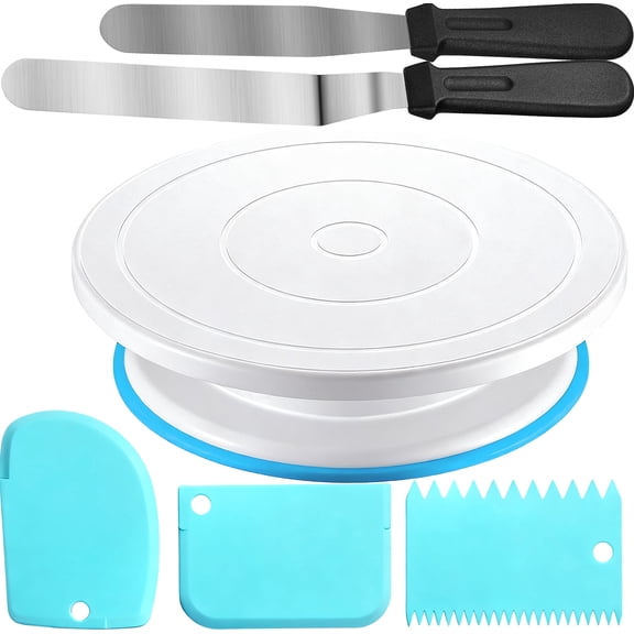 Cake Decorating Kit Baking Supplies Cake Turntable with 2 Frosting Straight Angled Spatula 3 Icing Smoother Scrapers Baking Accessories Tools for Beginners and Pros, Blue