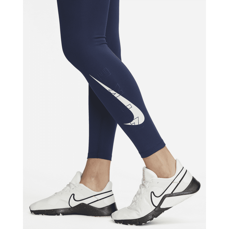 Nike One L 7/8 Mid-Rise Graphic Leggings, Navy/Football Training Women\'s Midnight Grey