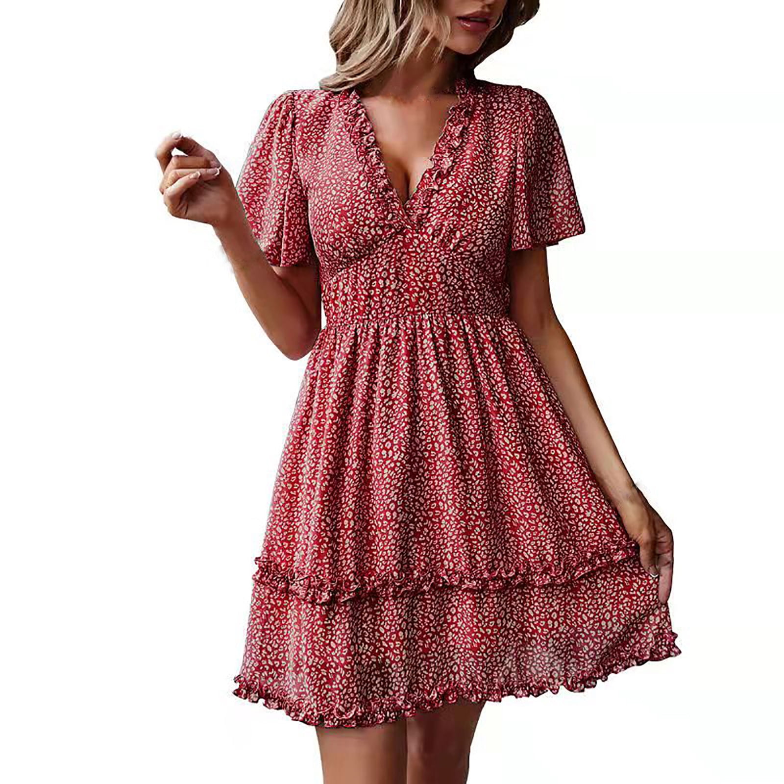 DPTALR Robe d'Été à Imprimé Léopard pour Femmes Manches Courtes