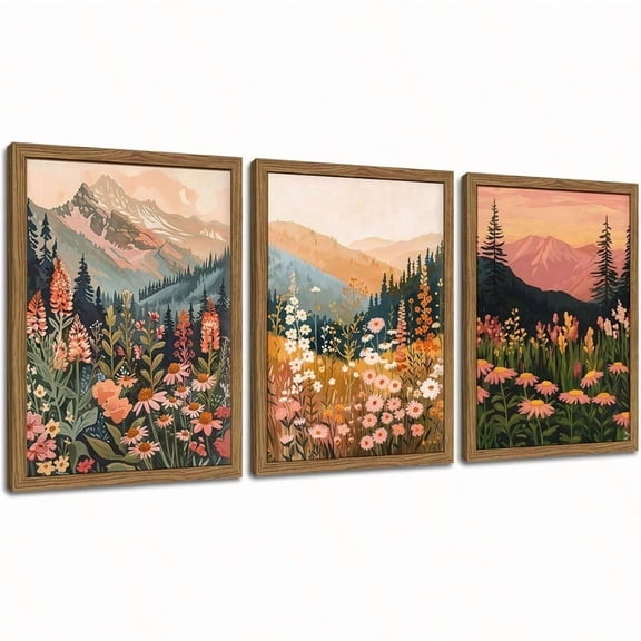 Boho Colorful Landscape Wall Art Wildflower Mountain Wall Decor Vintage Floral Forest Paintings Rustic Nature Pictures Canvas Prints For Living Room Bedroom Dining Room 12x16 Inch Wood Framed