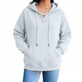 thumbnail image 2 of Qgtaibl Women's Lace Up Hoodie Criss Cross V Neck Drawstring Pullover Sweatshirt Thin Fleece Long Sleeve Fall Hooded Top with Kangaroo Pocket White S, 2 of 6