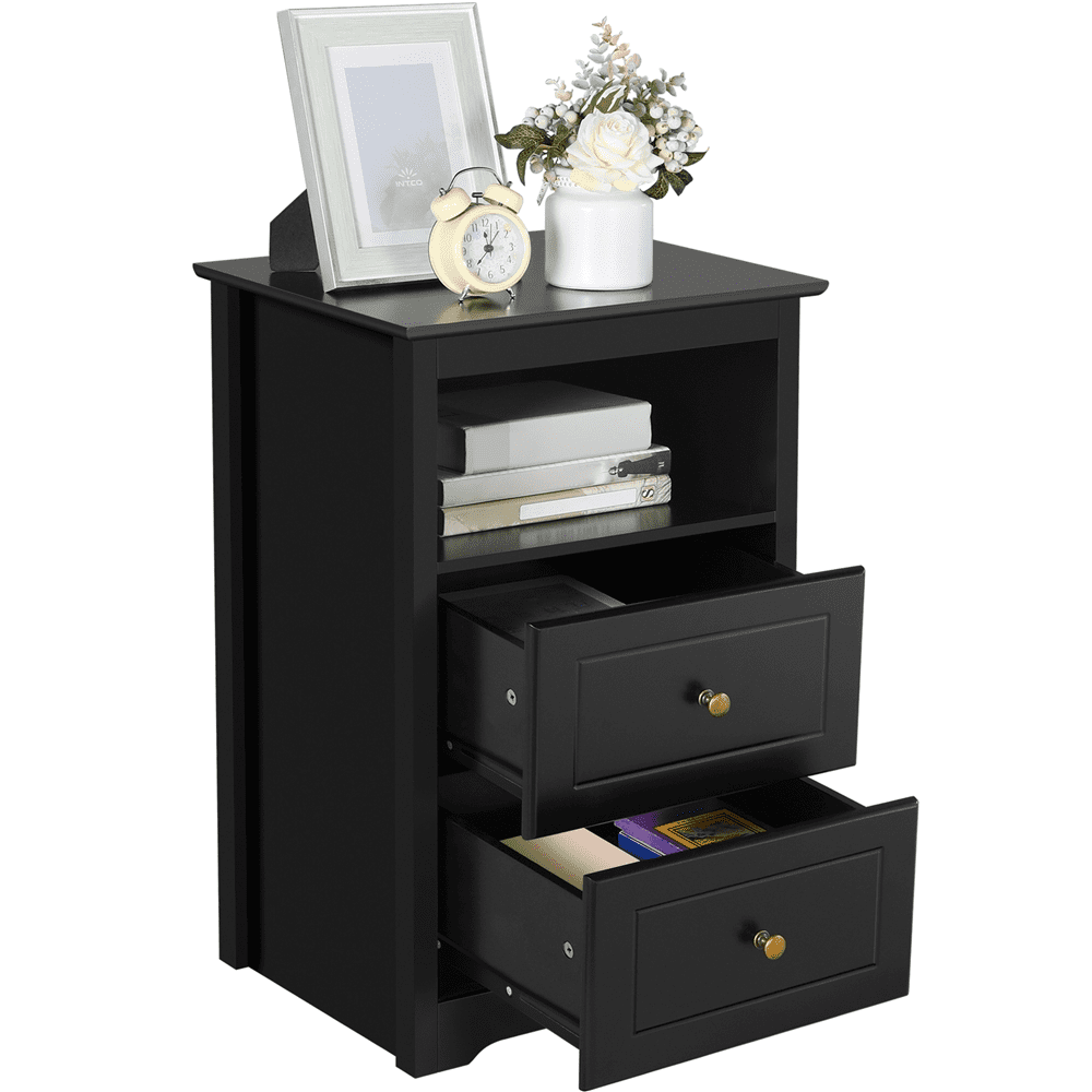 Renwick Wooden Nightstand with Storage Drawers and Open Shelf, Black
