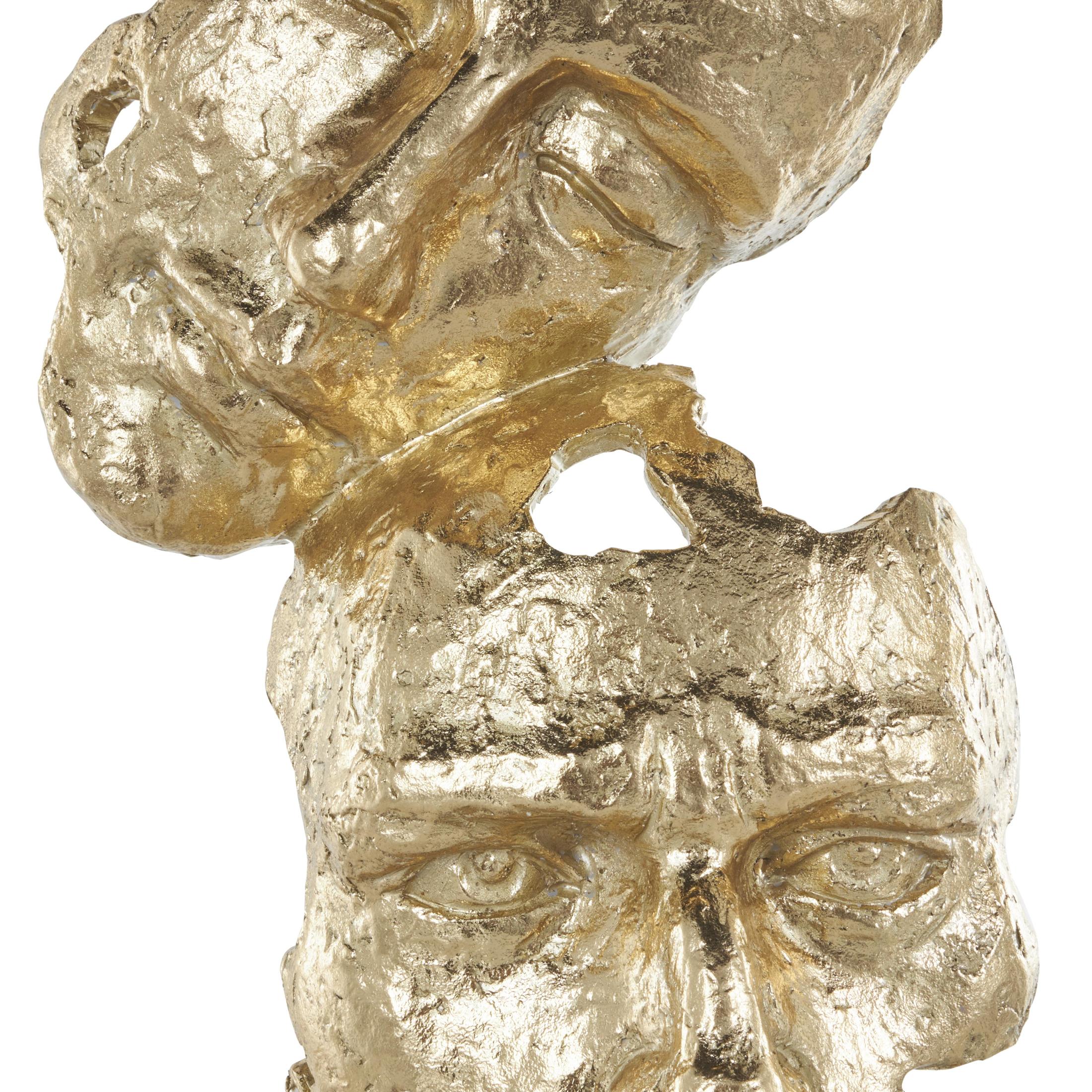 8" x 21" Gold Polystone Stacked Face Cutout Mask Sculpture with Black Block Base, by DecMode