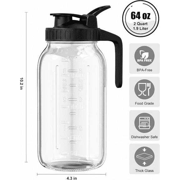 64oz Glass Pitcher with Lid, 2 Quart Mason Jar Pitchers, Ultra-thick Glass, Leak Proof, Wide Mouth Breast Milk Glass Jug, Cold Brew Coffee, Fridge Container for Water, Juice, Sun Tea - Black