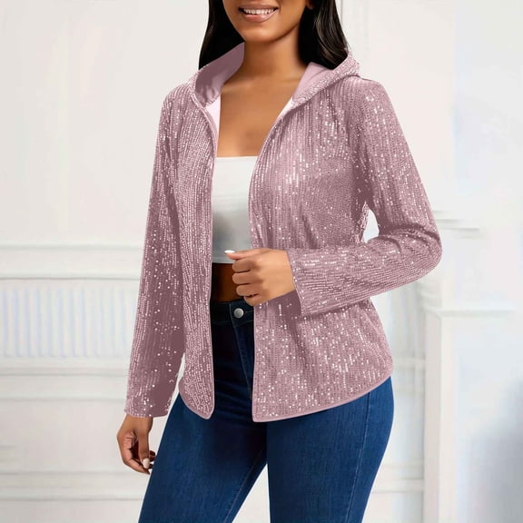 Sequin Jackets for Women Fall Cardigan Sparkly Full Zipper Long Sleeve Hooded Sweatshirts