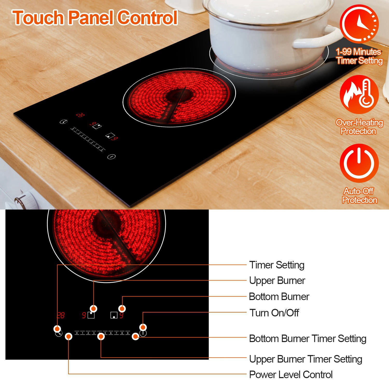 Dual Induction Burners Electric Cooktop 110V 1900W Built in Electric Ceramic Stove with Timer 9 Firepower Levels Overheating Protection