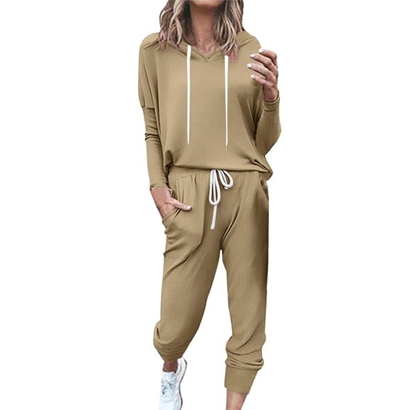 Xyxonk 2 Piece Sets Hoodies and Pants for Women Fall Casual Solid Color Two Piece Sets Long Sleeve Athletic Pullover with Pockets Drawstrings Oversized Athletic Hoodies and Long Pants Khaki XL