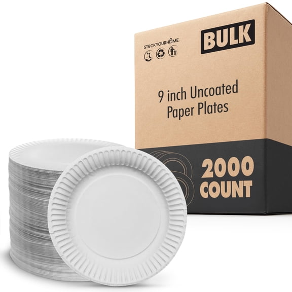 Stock Your Home 9-Inch Paper Plates Uncoated, Everyday Disposable Plates 9" Paper Plate Bulk, White, 2000 Count