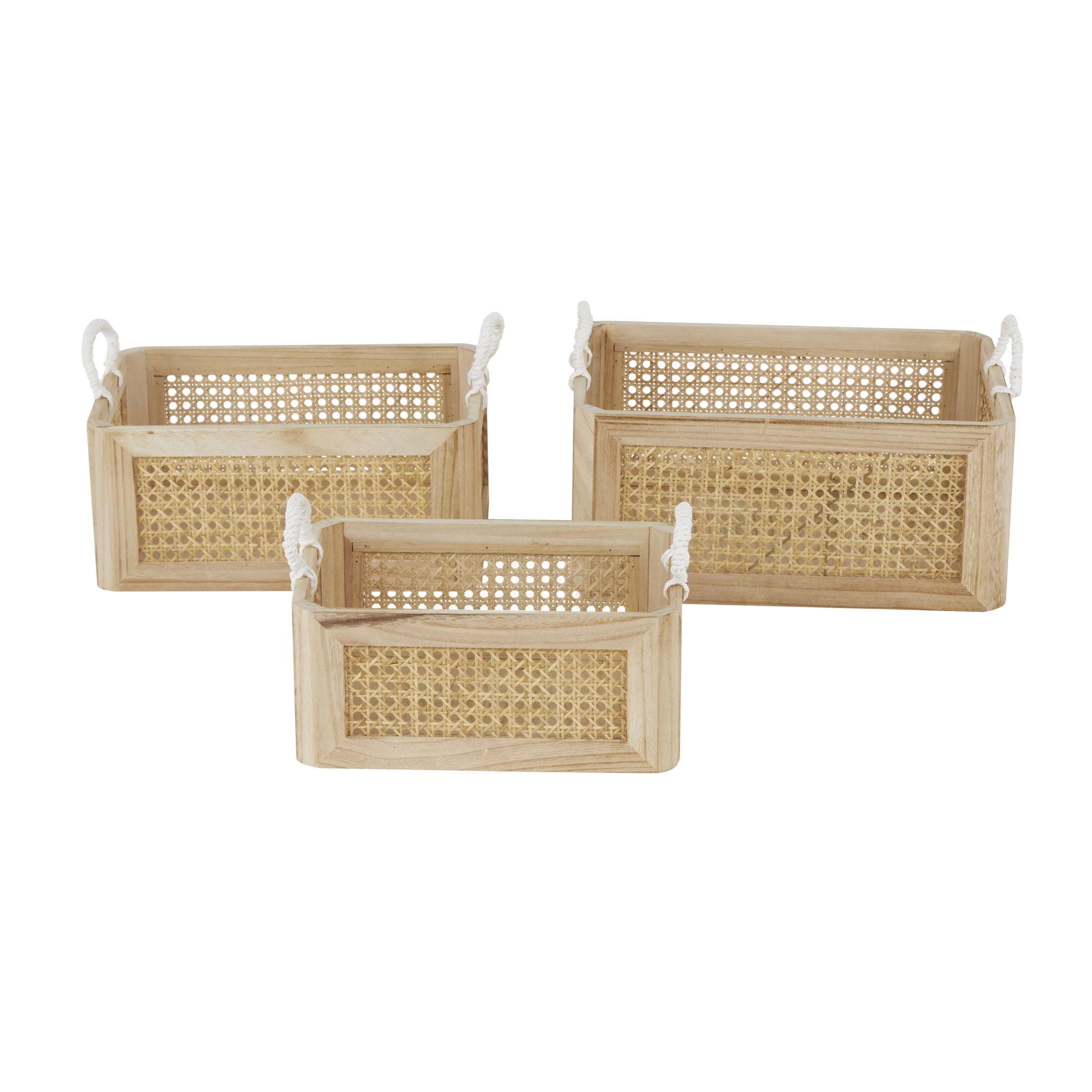 DecMode 16", 15", 13"W Brown Rattan Woven Storage Basket with Rope Handles, 3-Pieces
