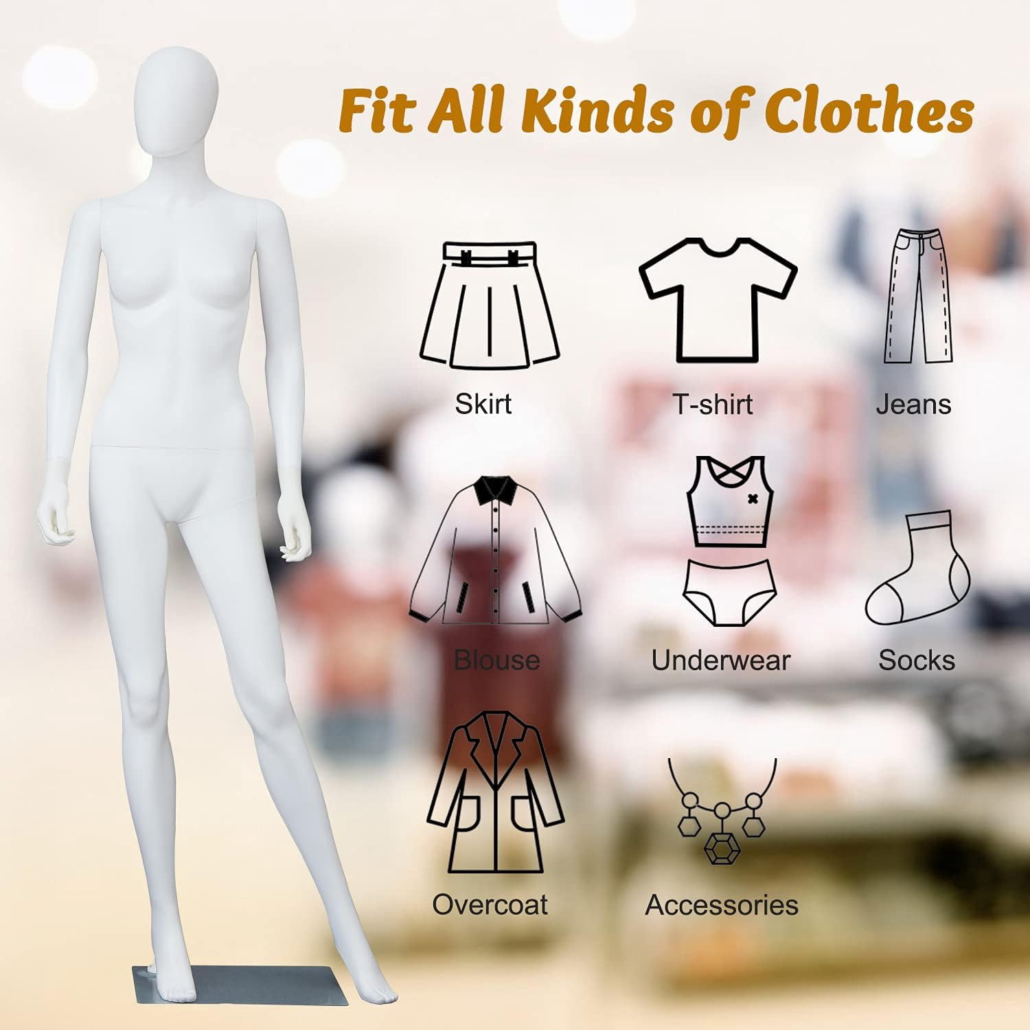 Kinbor 6FT Female Mannequin Dress Form Display, Manikin Torso Stand Realistic Full Body Mannequin for Retail Clothing Shops, Halloween Christmas Cosplay, White(Posture A)