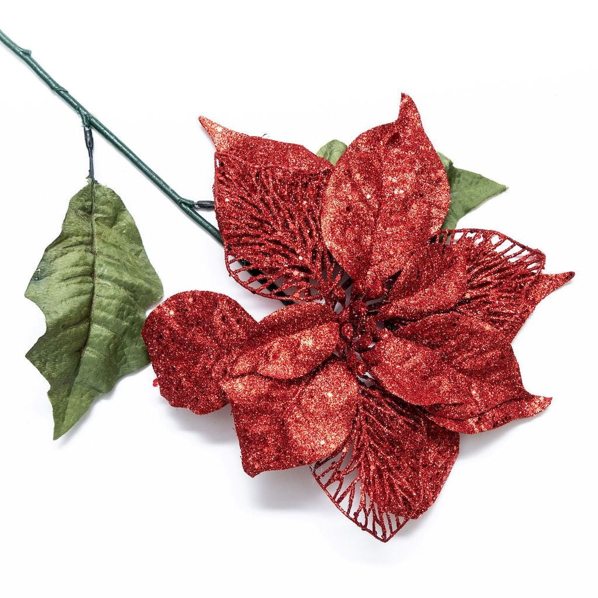 Red Glitter Poinsettia Stem Artificial Flower