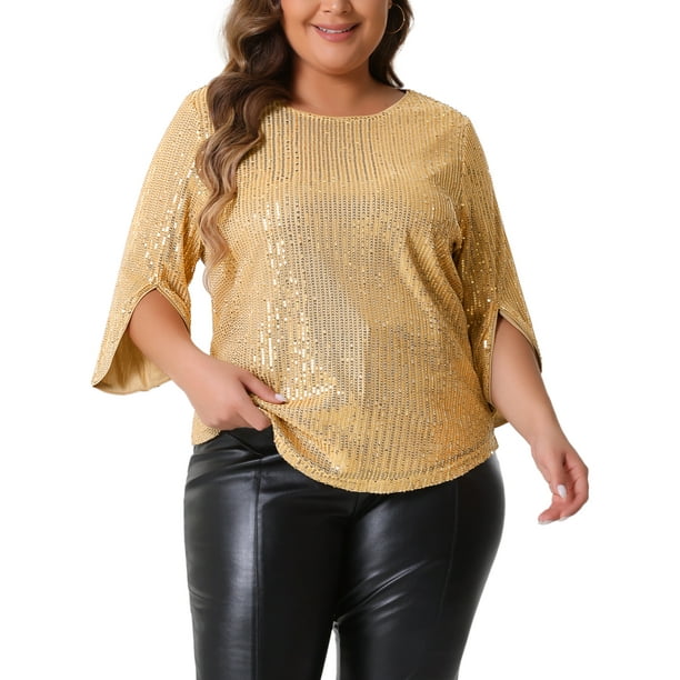 Agnes Orinda Blusas de Talla Grande para Mujeres con Lentejuelas Brillantes de Manga 3/4 y Cuello Redondo, Blusa de Fiesta 2025 3X Dorado
