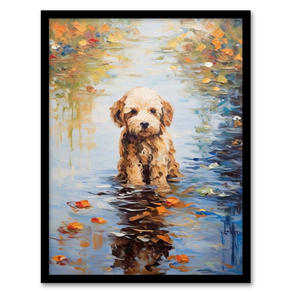 Brown Cockapoo And Autumn Leaves In Lake Claude Monet Style Dog Oil Painting Art Print Framed Poster Wall Decor 12x16 inch