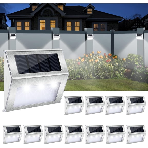 Fohil 12 Pack Solar Step Lights Stainless Steel Solar Stair Lights,Outdoor Waterproof Solar Wall Lights for Fence,Patio,Path,Yard,Garage,Walkways Cool White