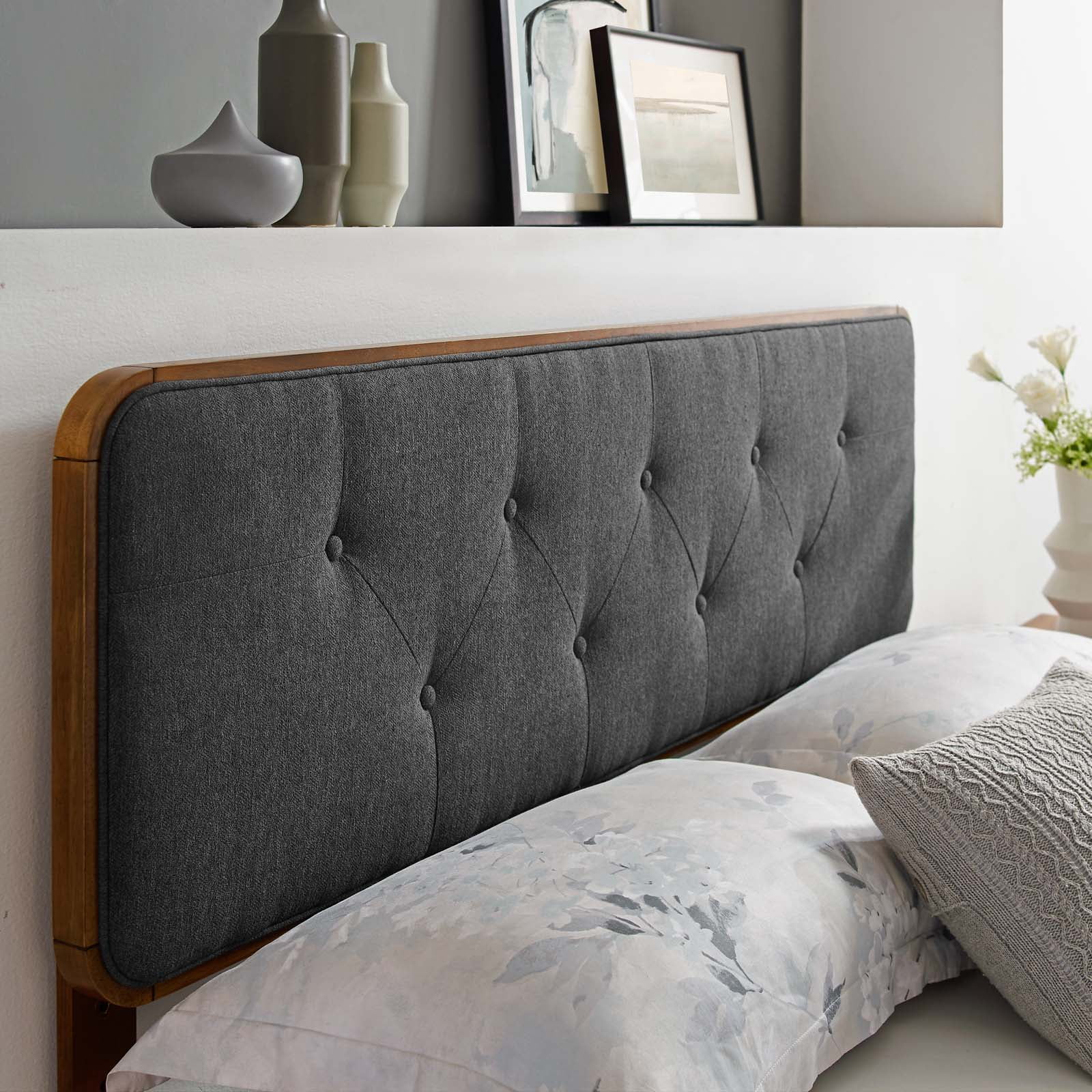 Tufted Headboard, Twin Size, Wood, Fabric, Brown Walnut Grey Gray, Modern Contemporary Urban Design, Bedroom Master Guest Suite