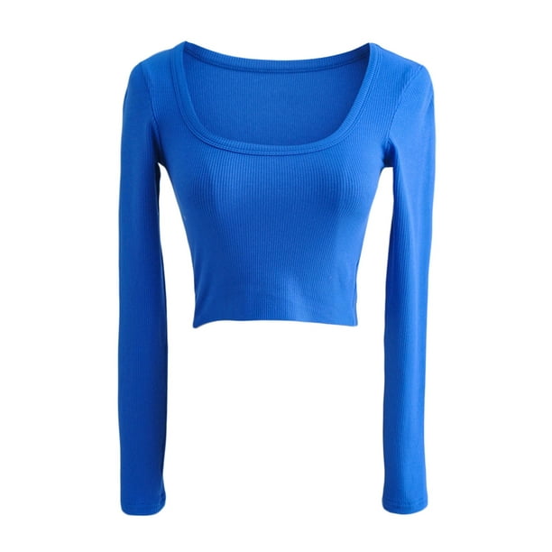 Sexy Backless Long Sleeve Crop Tops for Women Knit Ribbed Slim Fitted  Shirts Round Neck Basic Tee Tops Blue at  Women's Clothing store