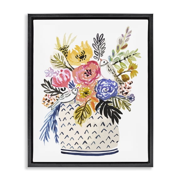 Stupell Industries Eclectic Birds Perched Fun Floral Blossoms Black Floating Frame Canvas Art, 25 x 31, by Karen Fields