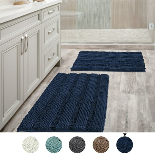Navy Blue Bathroom Rugs Slip Resistant Extra Absorbent Soft And Fluffy Thick Striped Washable Bath Mat