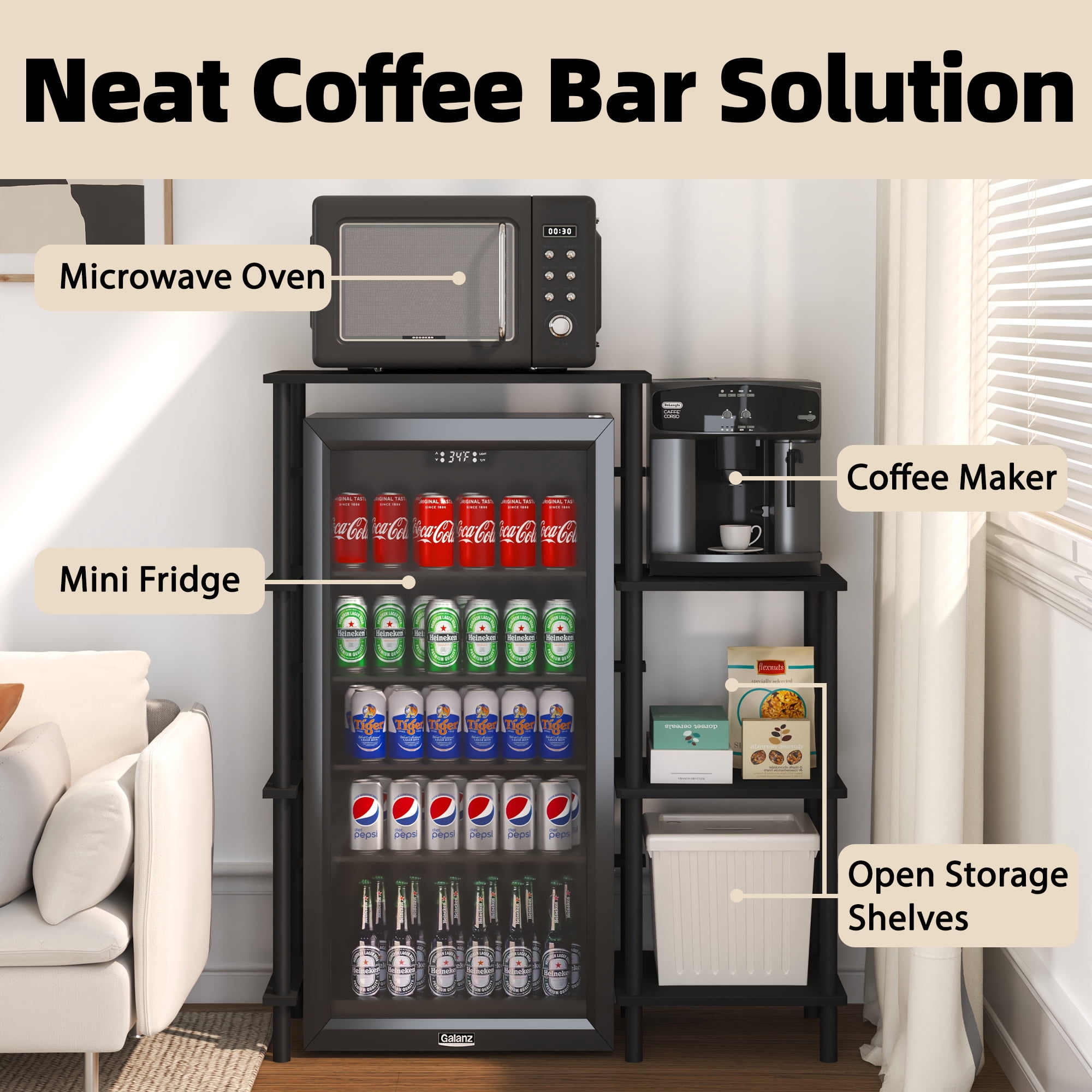 HOMLUX 4-Tier Coffee Bar Bakers Rack with Mini Fridge Stand, Wood Kitchen Storage Shelf Microwave Stand, Easy Assembly, Americano