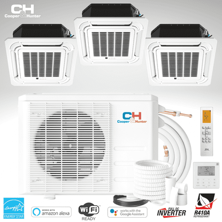 

Cooper & Hunter 28000 BTU 230V Ceiling Cassette Tri 3 Zone Mini Split Heat Pump Air Conditioner 12K+12K+12K Cover 1650 Sq Ft
