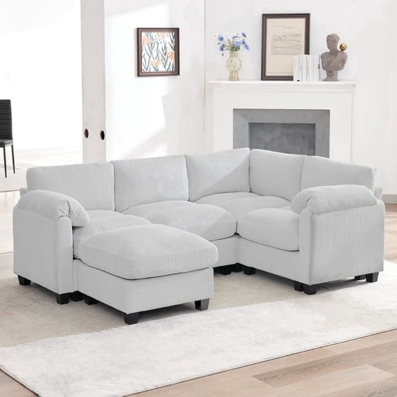 RIAFUN Modular Sectional Sofa, L Shaped Corduroy Sofa Couch, Modular Sectionals with Ottomans, 5 Seat Sofa Couch with Chaise for Living Room Bedroom, Gray