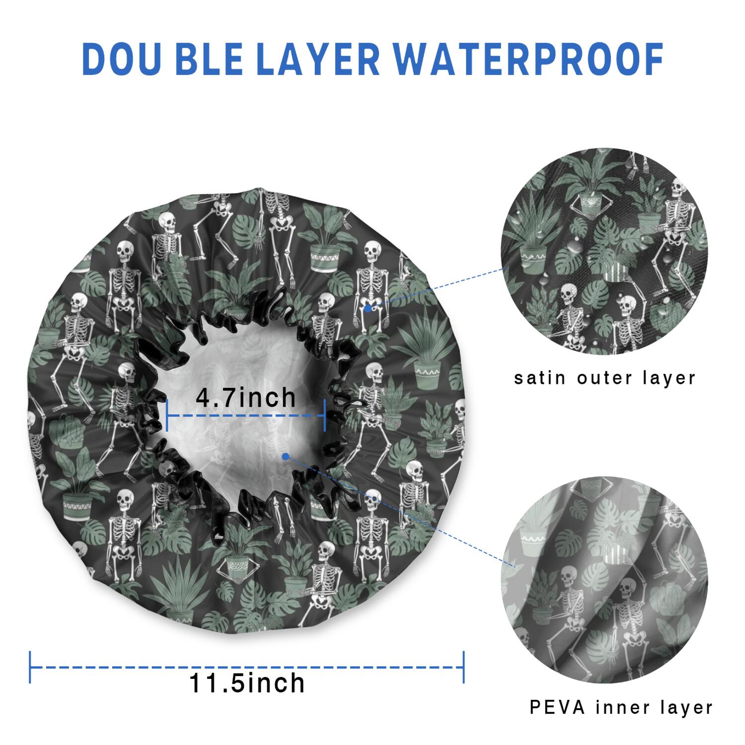 Shower Caps,Black Skeleton Plant Pattern Waterproof Shower Cap for Women 4 Pieces,Double Reusable Hair Cover for Shower PEVA Elastic Stretch Hem