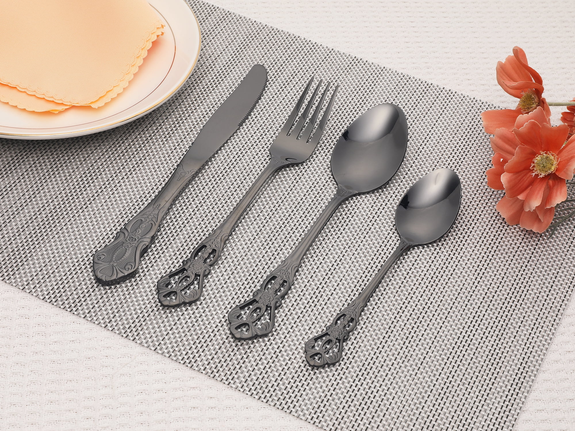 Unique Bargains 24 Pcs Silverware Set Stainless Steel Floral Flatware Set Black