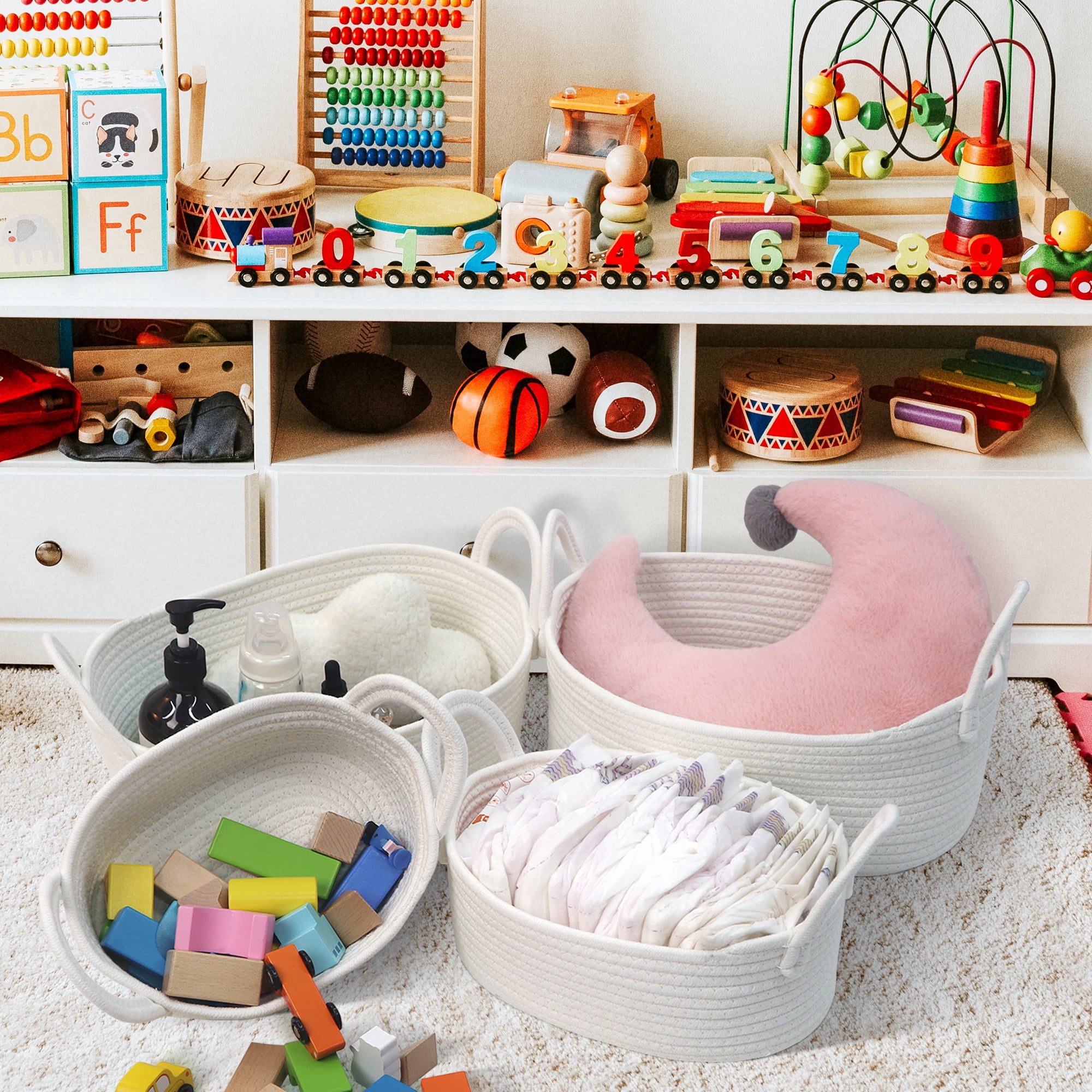 Caroeas 4-Piece Cotton Rope Baskets, Shelf Baskets for Organizing Shelves, Woven Decorative Basket, Nesting Bins for Baby Nursery and Toys, White (4 Sizes)