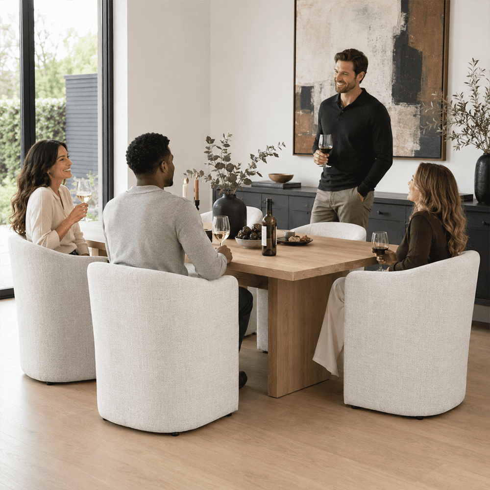 Aenkyo Upholstered Dining Arm Chair with Casters, Barrel Back Rolling Accent Chair, White