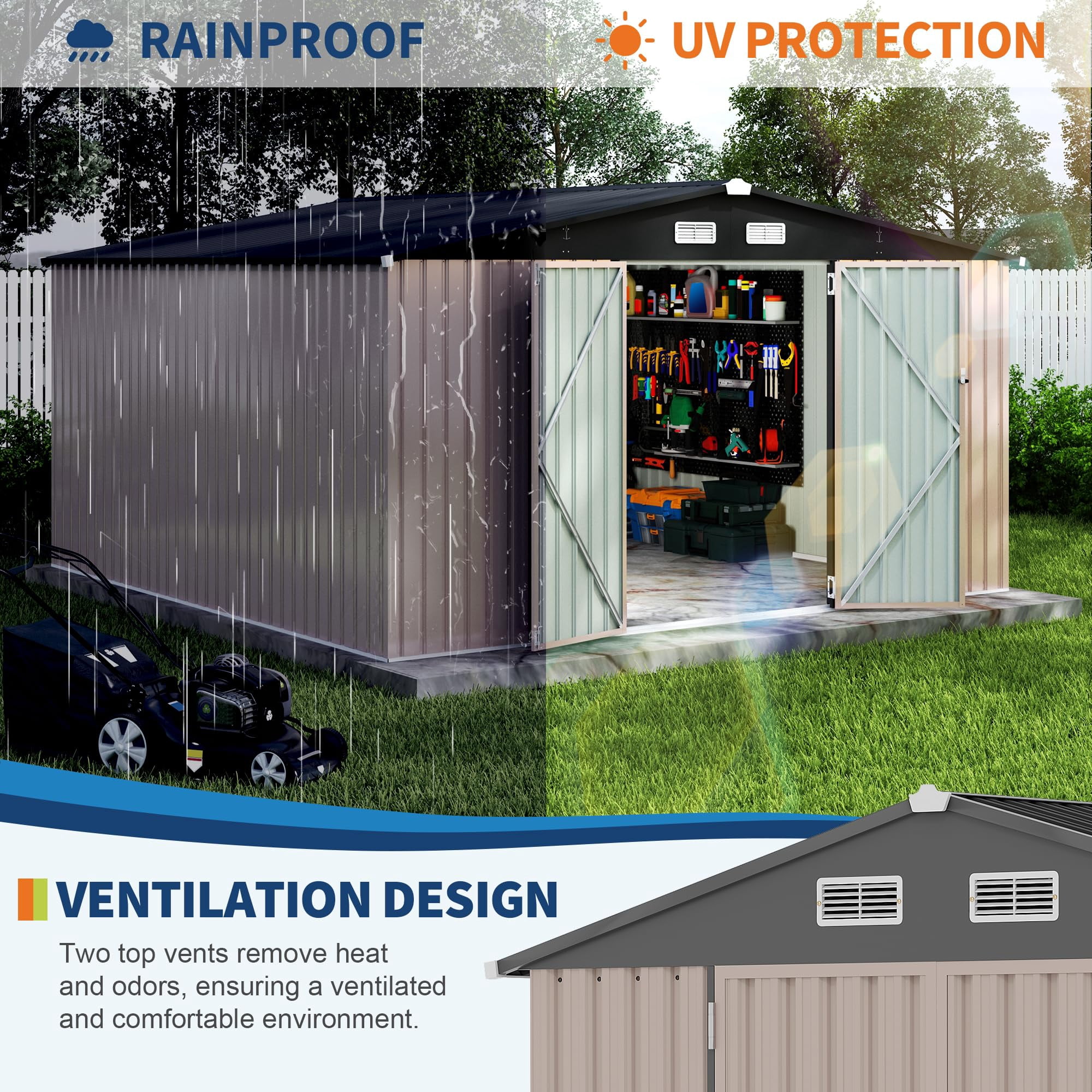 12x12 FT Metal Storage Sheds Outdoor,Metal Yard Sheds Garden Shed Kit,Metals Tool Shed With Lockable Door,Metals Utility Shed Buildings With Air Vent for Backyard Garden Patio Lawn（ship in 3 boxes）