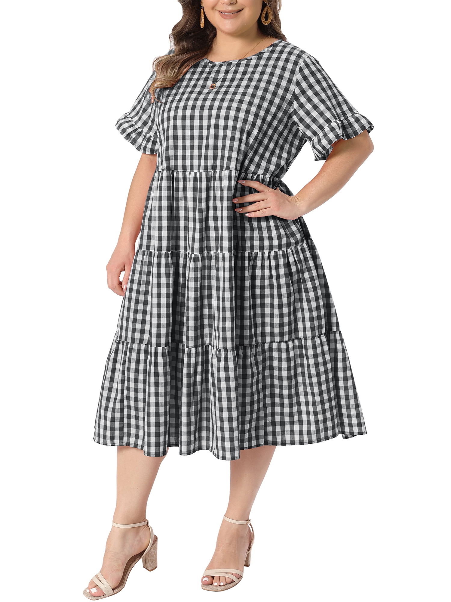 DARING DIVA Women's Plus Gingham Plaid Round Neck Dress 3X Black