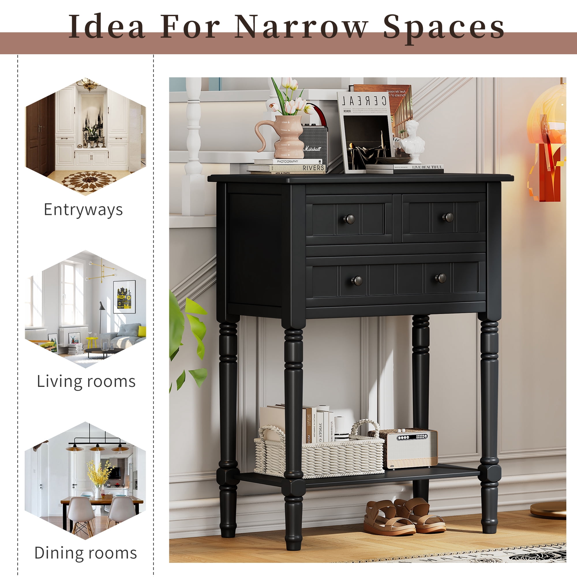 Harper & Bright Designs Narrow Console Table with Storage Drawers and Bottom Shelf for Entryway Living Room, Retro Console Table for Small Space, Black