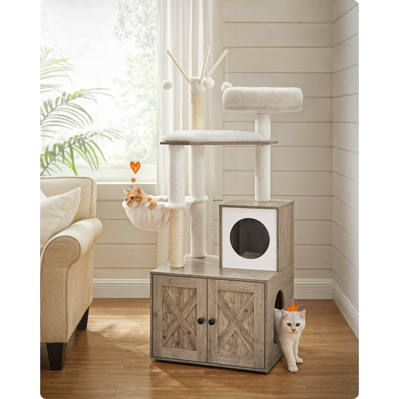 WoodyWonders 2-in-1 Cat Tree with Litter Box Enclosure - Modern Cat Condo with Scratching Posts, Greige